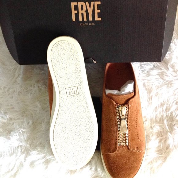 Frye Lena Zip Tan Suede Mules - Picture 10 of 12